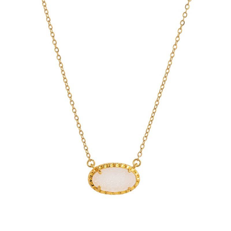 OVAL GEMSTONE CHARM PENDANT NECKLACE | WHITE JADE
