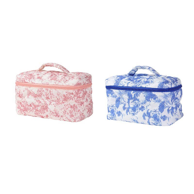 FLORAL QUILTED MAKEUP COSMETIC POUCH BAG: Blue