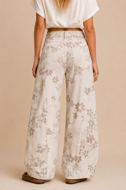Floral Wide-Barrel Leg Jeans: Light Taupe