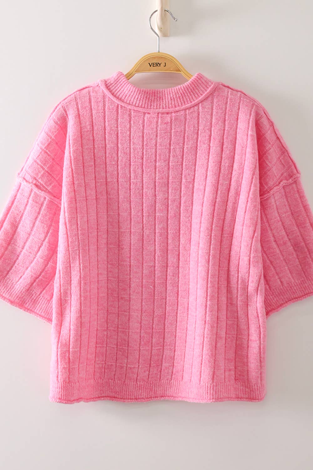 Cropped Length Ribbed Knit Sweater: PINK