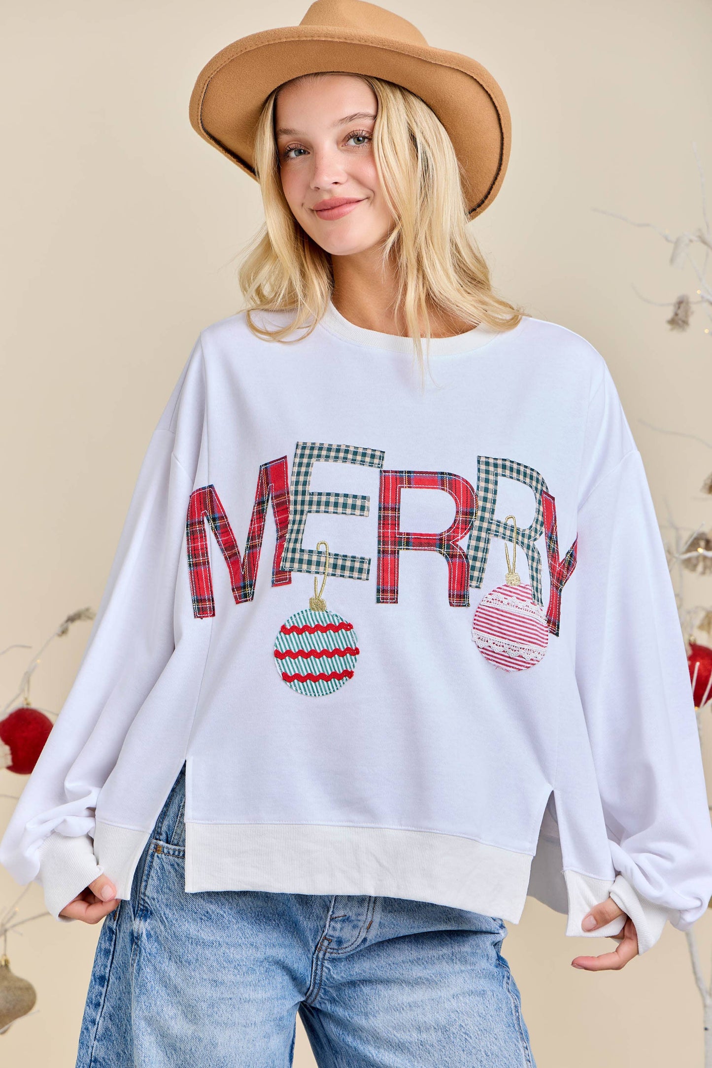 Merry With Ornament Patchwork Oversized Long Sleeve Top