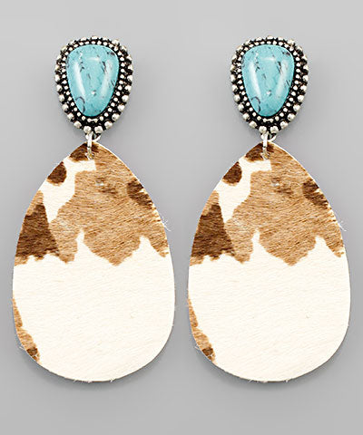 Cowhide Teardrop Stone Earrings