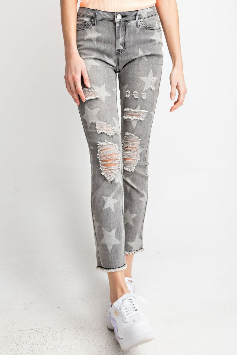 Gray Star-Printed Distressed Denim Jeans